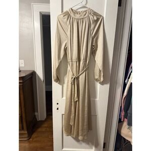 LOFT Light Beige/Gold Dotted Mock Neck Belted Silky like Midi Dress, Size 10